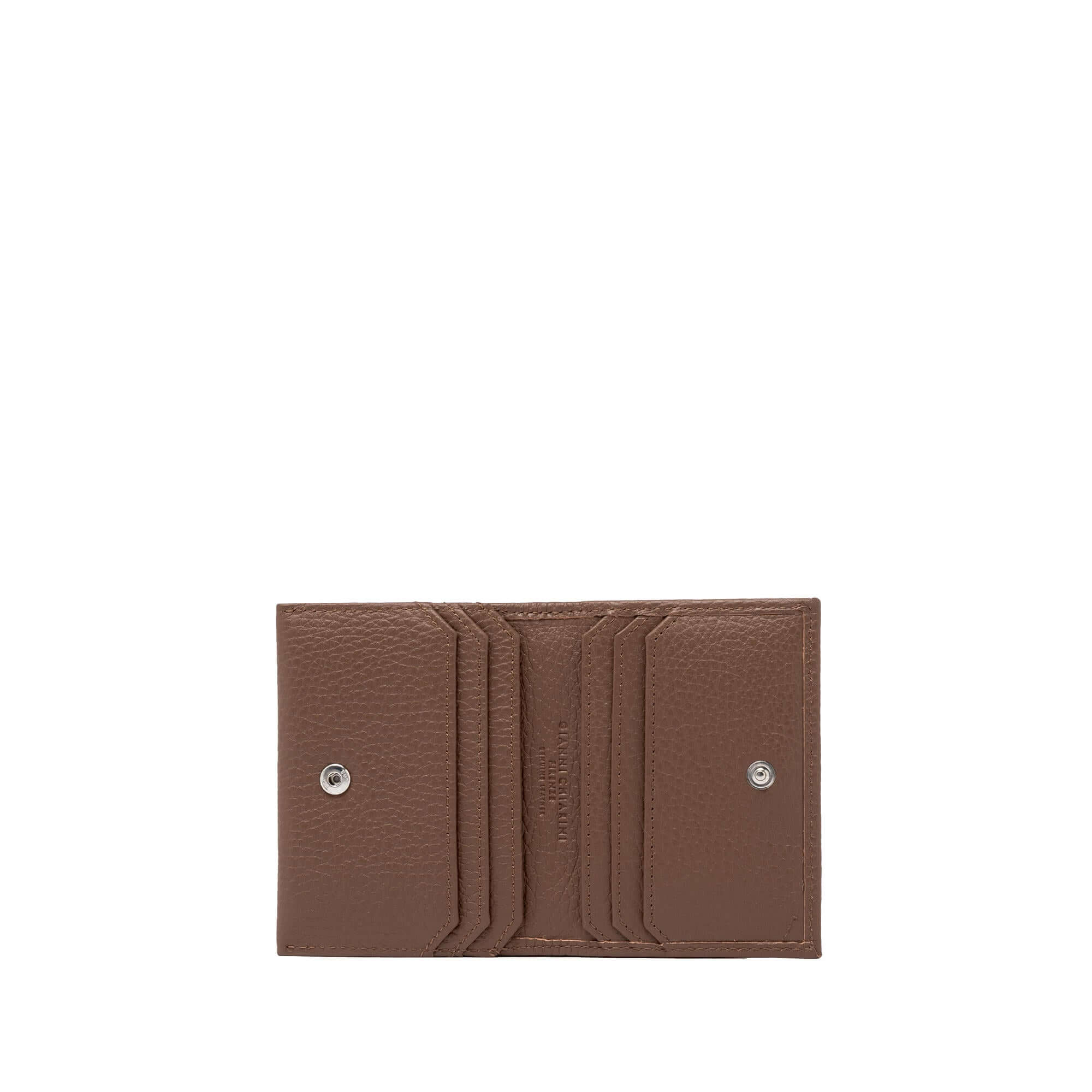 Brown leather wallet with card slots and flat pockets, dimensions 10x8x1 cm, perfect for organization and style.