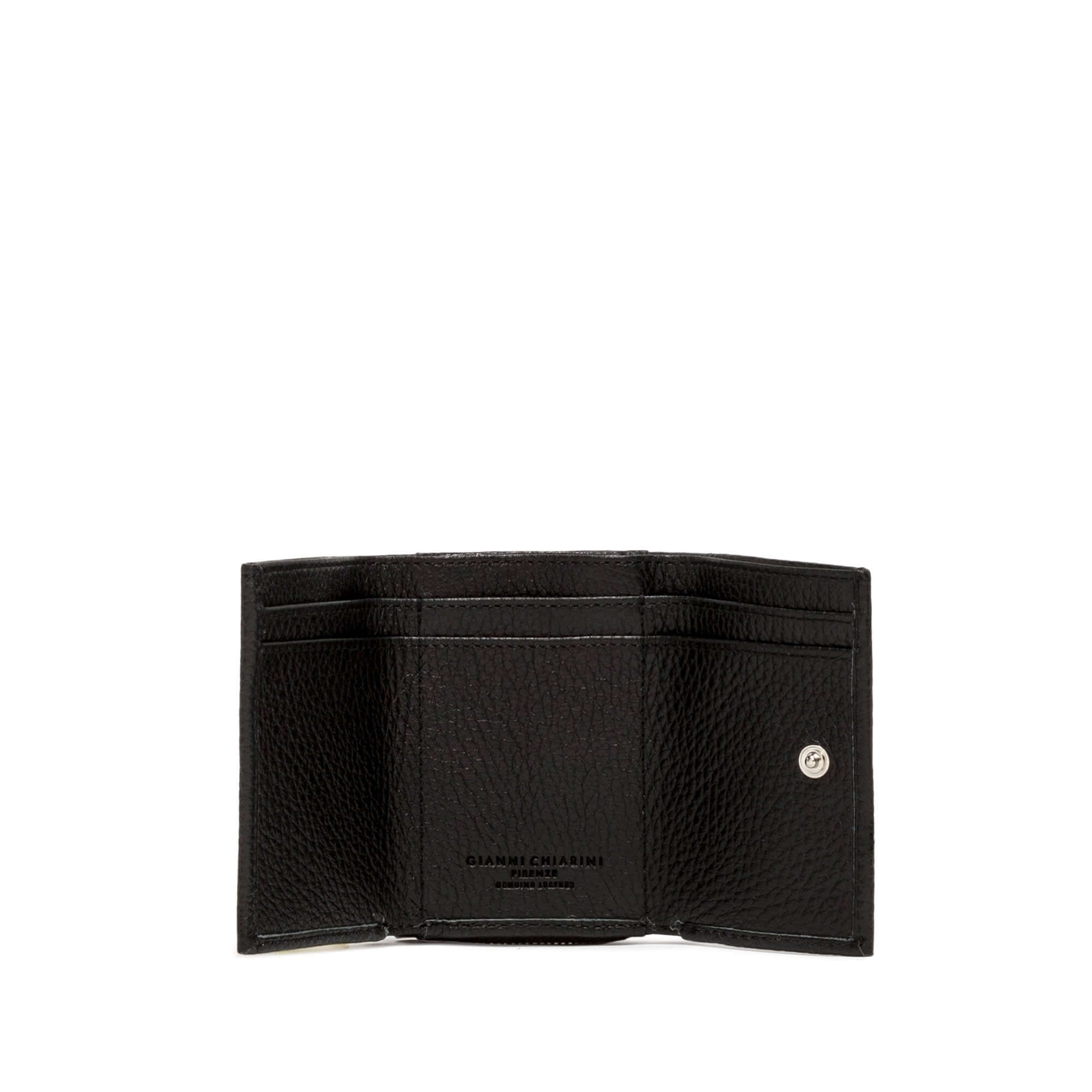 Black grain wallet by Gianni Chiarini Firenze, featuring card slots and snap closure, compact and elegant design.