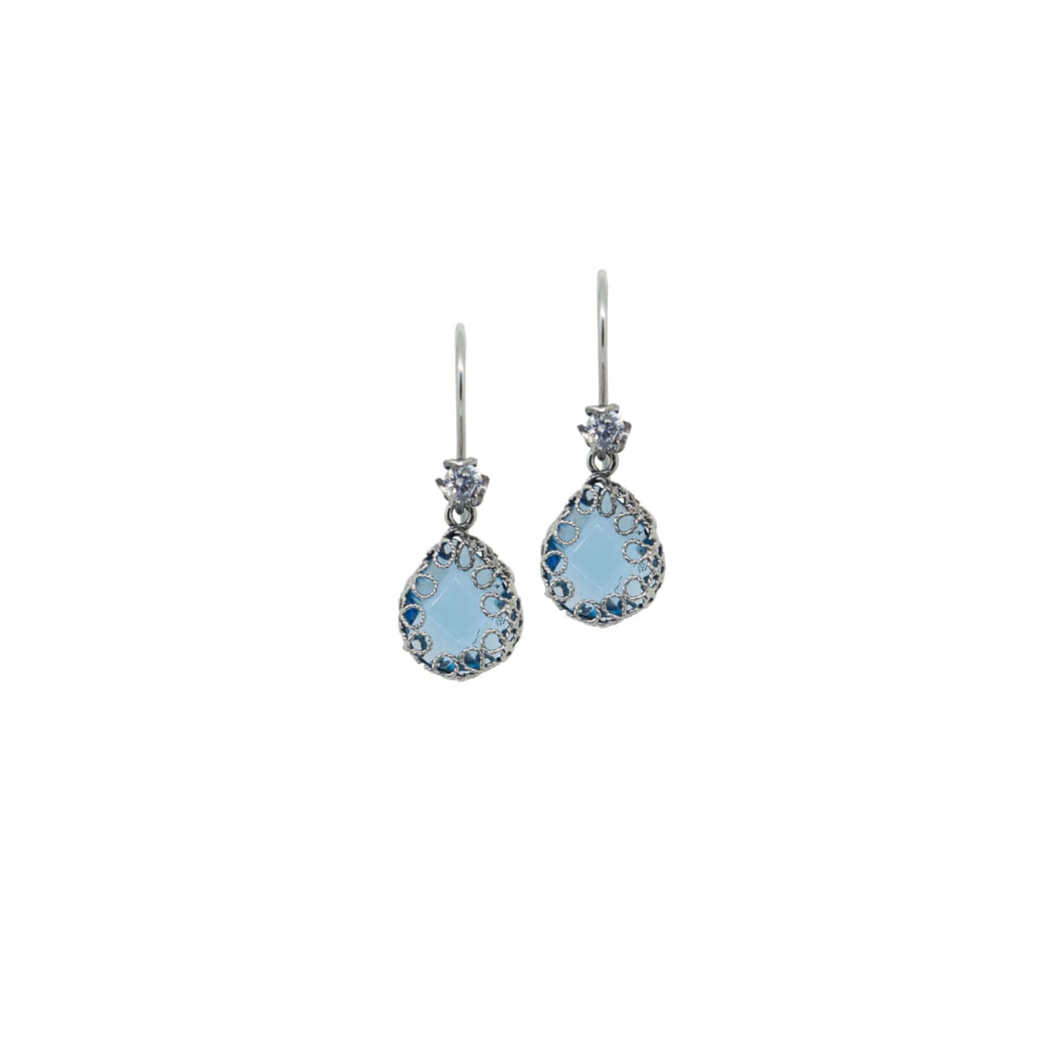 Orecchini a goccia in argento sterling con pietra citrin color aqua e zirconi, lunghezza 3 cm, fatti a mano.