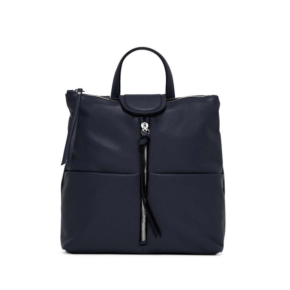 GIADA leather backpack, featuring flat front pockets, zip closure, adjustable straps, and multi-use internal pockets.