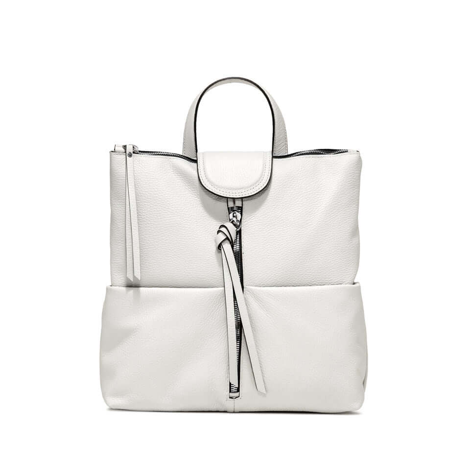 White leather backpack with multiple pockets, zip closure, and adjustable straps, dimensions 32x31x12 cm.