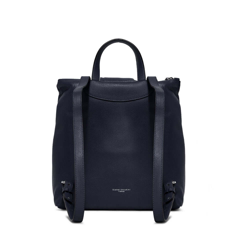 Navy blue leather backpack with adjustable straps and zip front pocket, perfect accessory for everyday use.