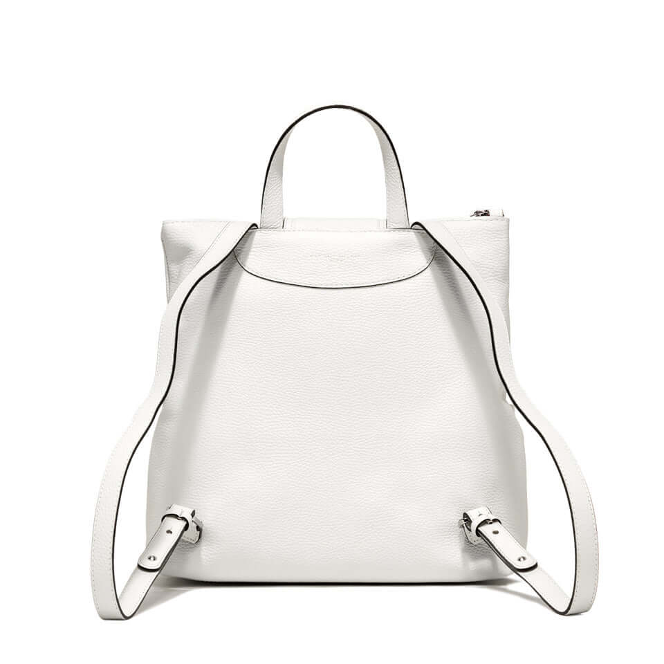 White leather backpack with adjustable straps and zip closure, perfect accessory for any outfit.