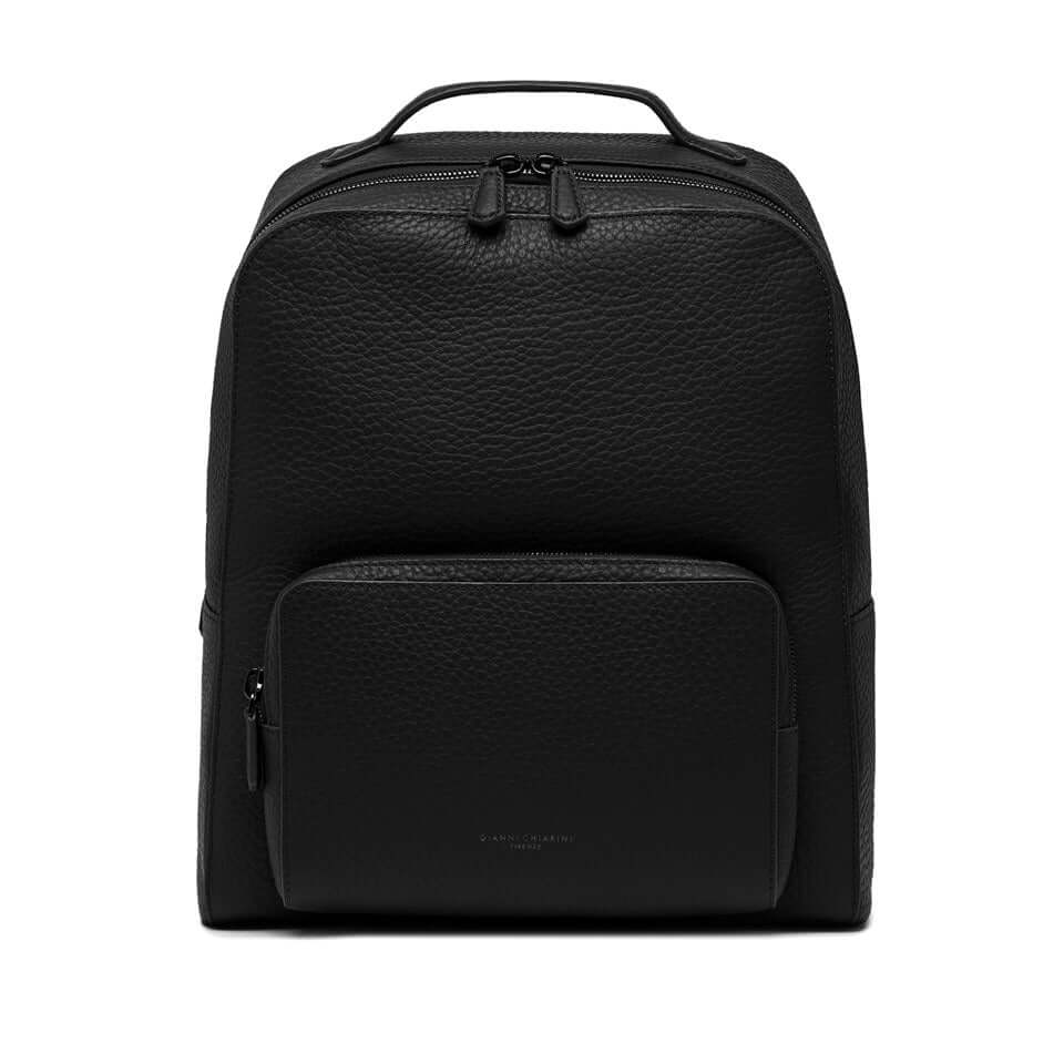 FLORENCE Gianni Chiarini black leather backpack with minimalist design, zip compartment, and front pocket.