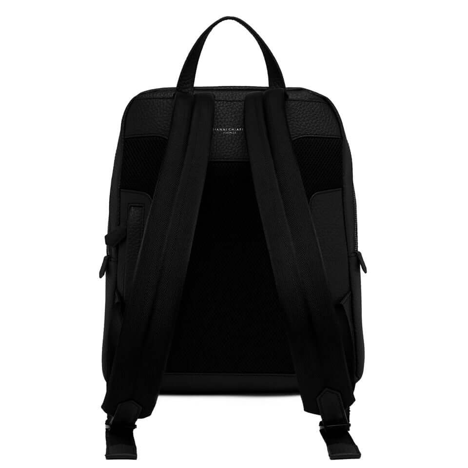 Minimal black leather backpack by Gianni Chiarini, featuring clean lines and functional design.