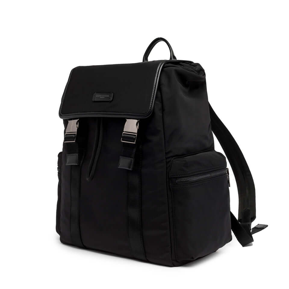 OSLO black nylon backpack by Gianni Chiarini Firenze with minimalist design, leather details, and multiple pockets.