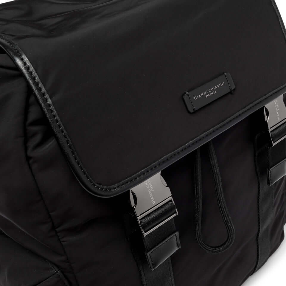 Black nylon backpack OSLO by Gianni Chiarini with leather trims and metal fasteners, featuring a minimalist design.