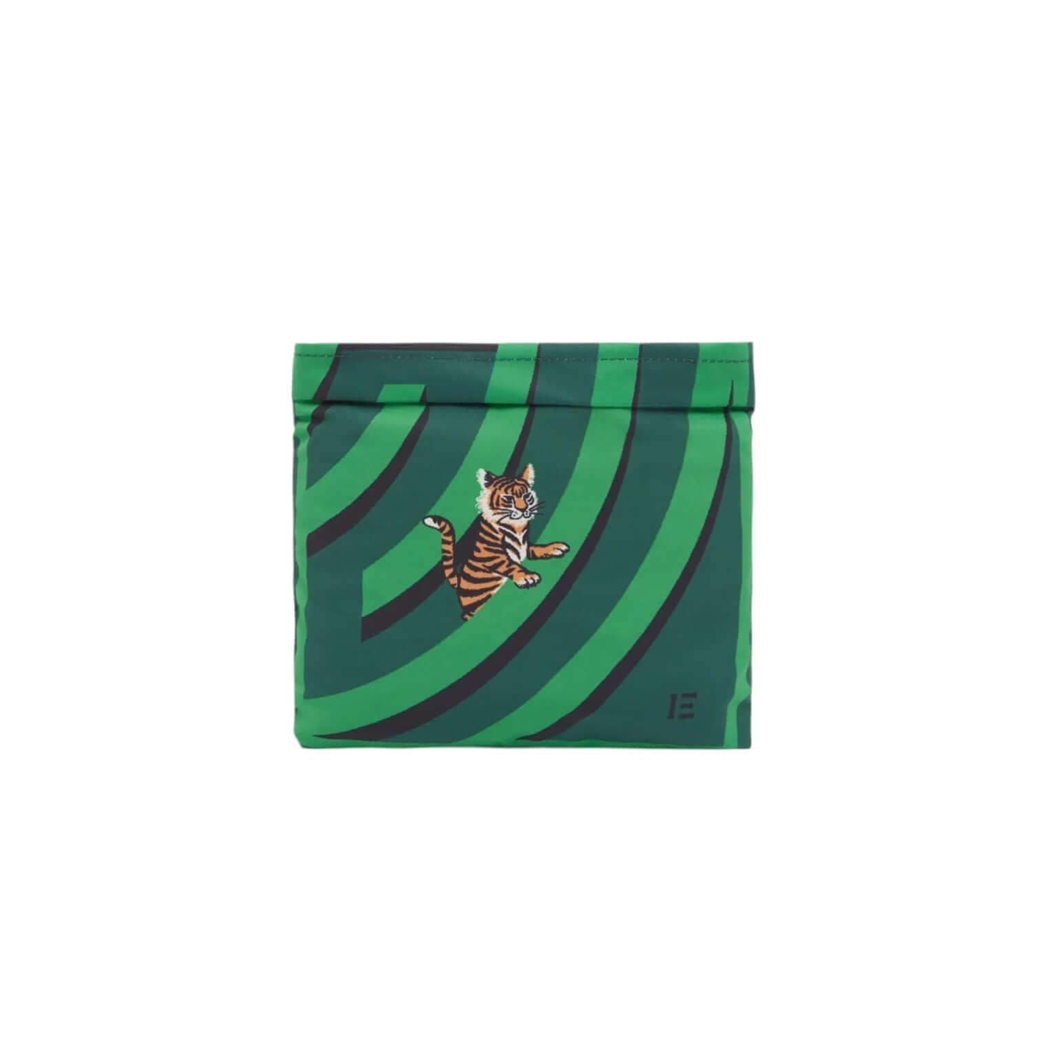 Borsa Maxi Shopping Labyrinthe Verde con design colorato di una tigre su sfondo verde, realizzata in poliestere riciclato.