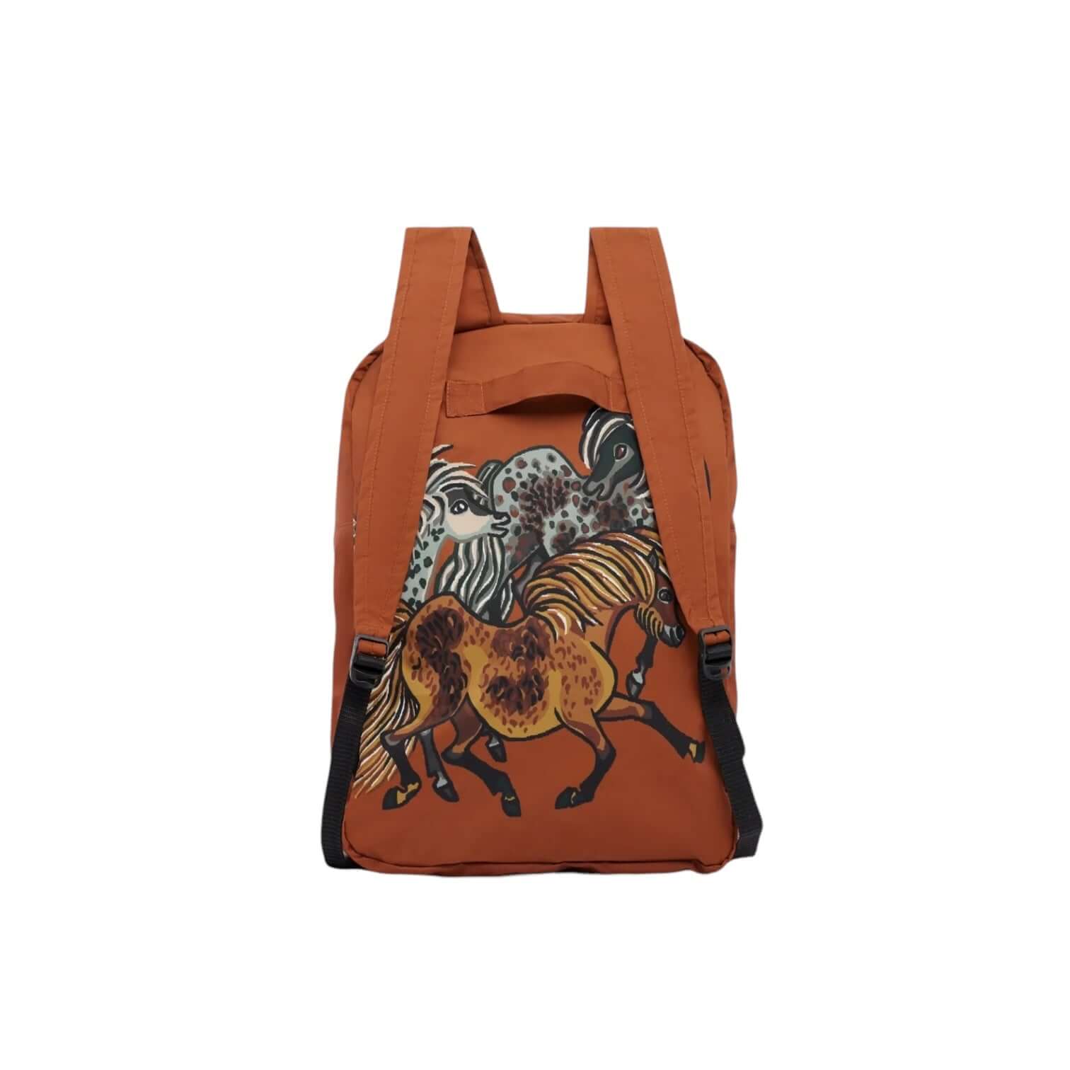 Zaino Western Marrone in poliestere riciclato con stampa di cavalli, leggera e facile da trasportare.