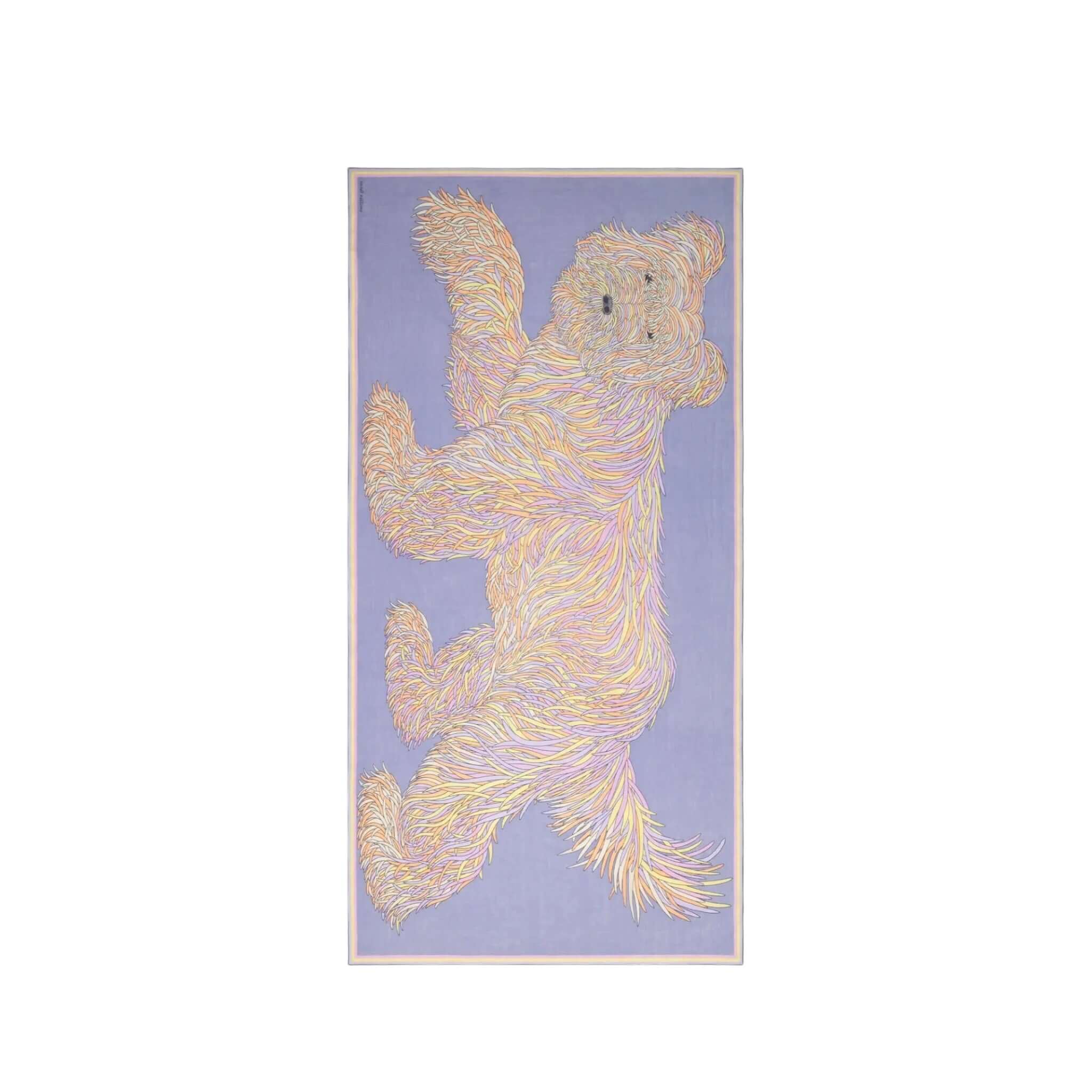 Colorful abstract bear artwork with playful wavy lines on purple background.
