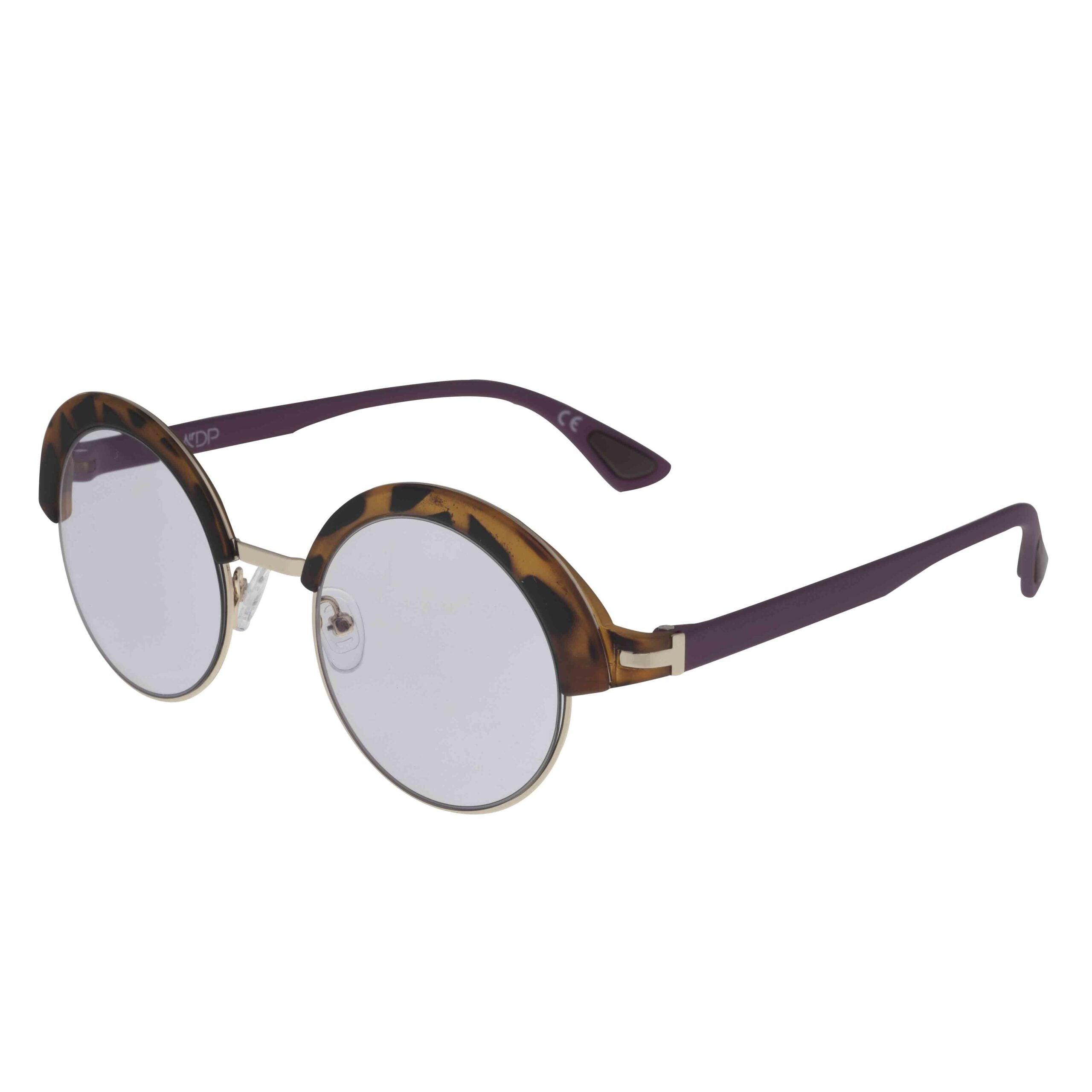 Occhiali AFRODITE C5 con frontale havana, aste viola, lenti fotocromatiche per stile ed eleganza.