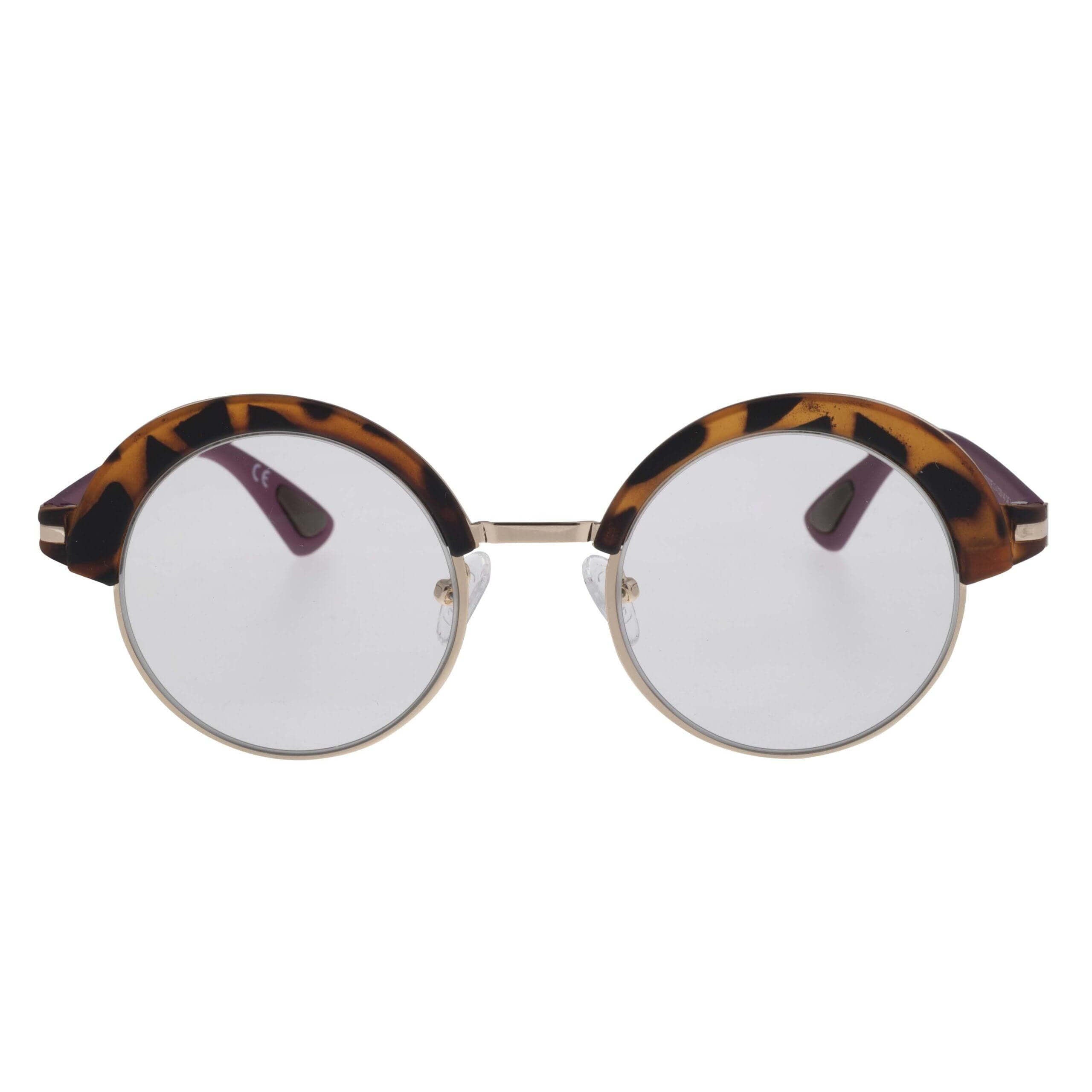 Occhiali AFRODITE C5 con frontale havana e nero, aste viola e lenti fotocromatiche per eleganza e luminosità.