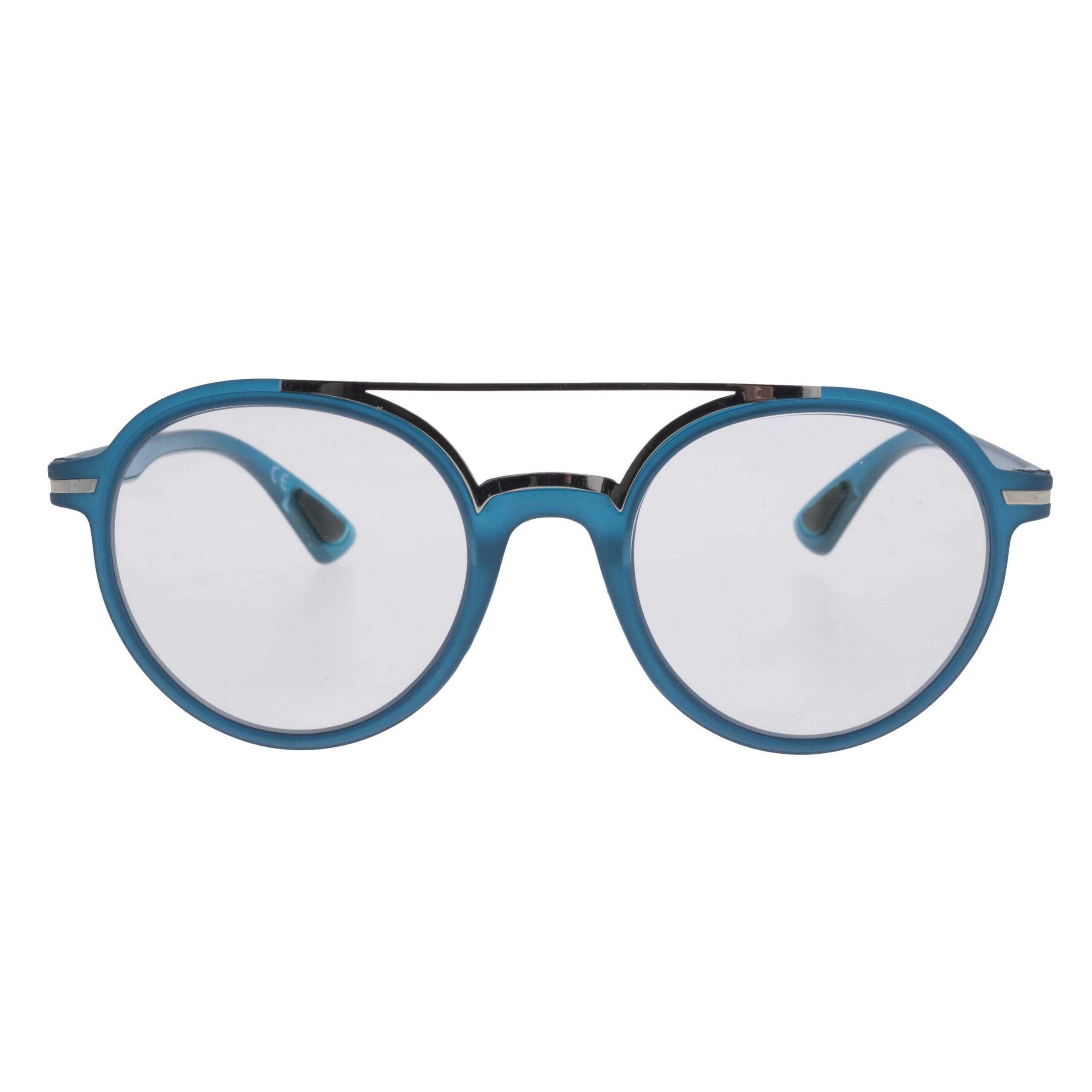 APOLLO C2 occhiali rotondi blu con lenti fotocromatiche e design architettonico elegante.