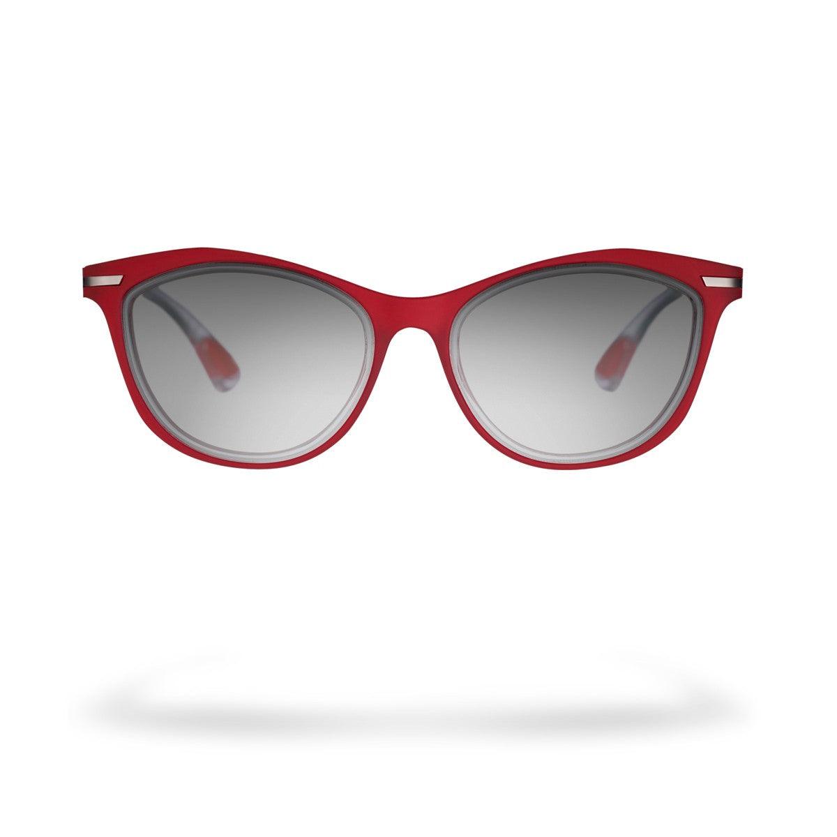 LOLli C1 sunglasses with striking red frame and gray lenses, featuring an ergonomic design and a modern aesthetic.