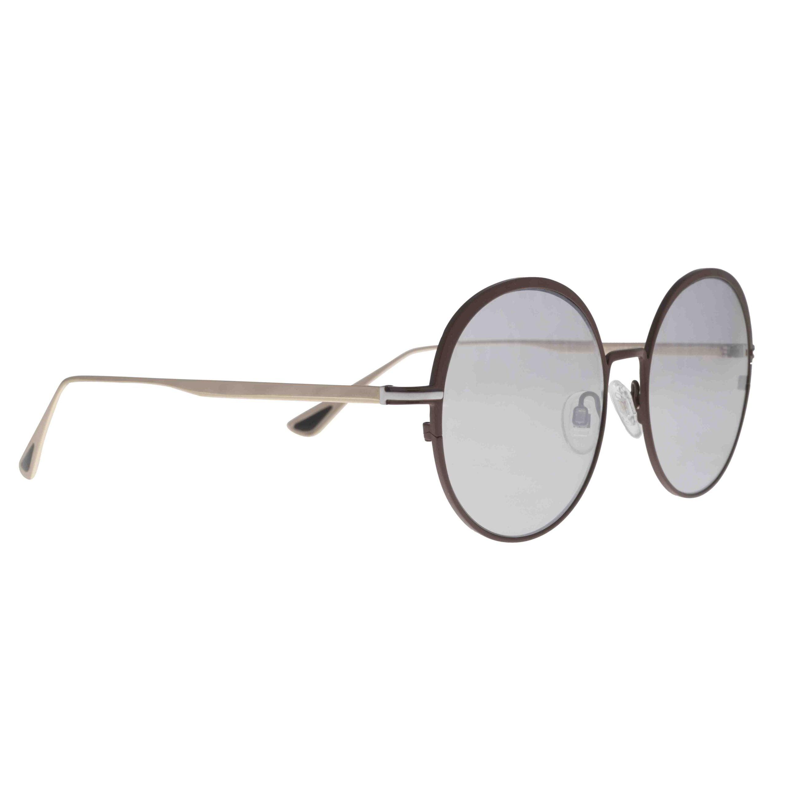 MIMOSA C6 occhiali da donna rotondi marroni con aste in metallo oro lucido e lenti grigie fotocromatiche specchiate.