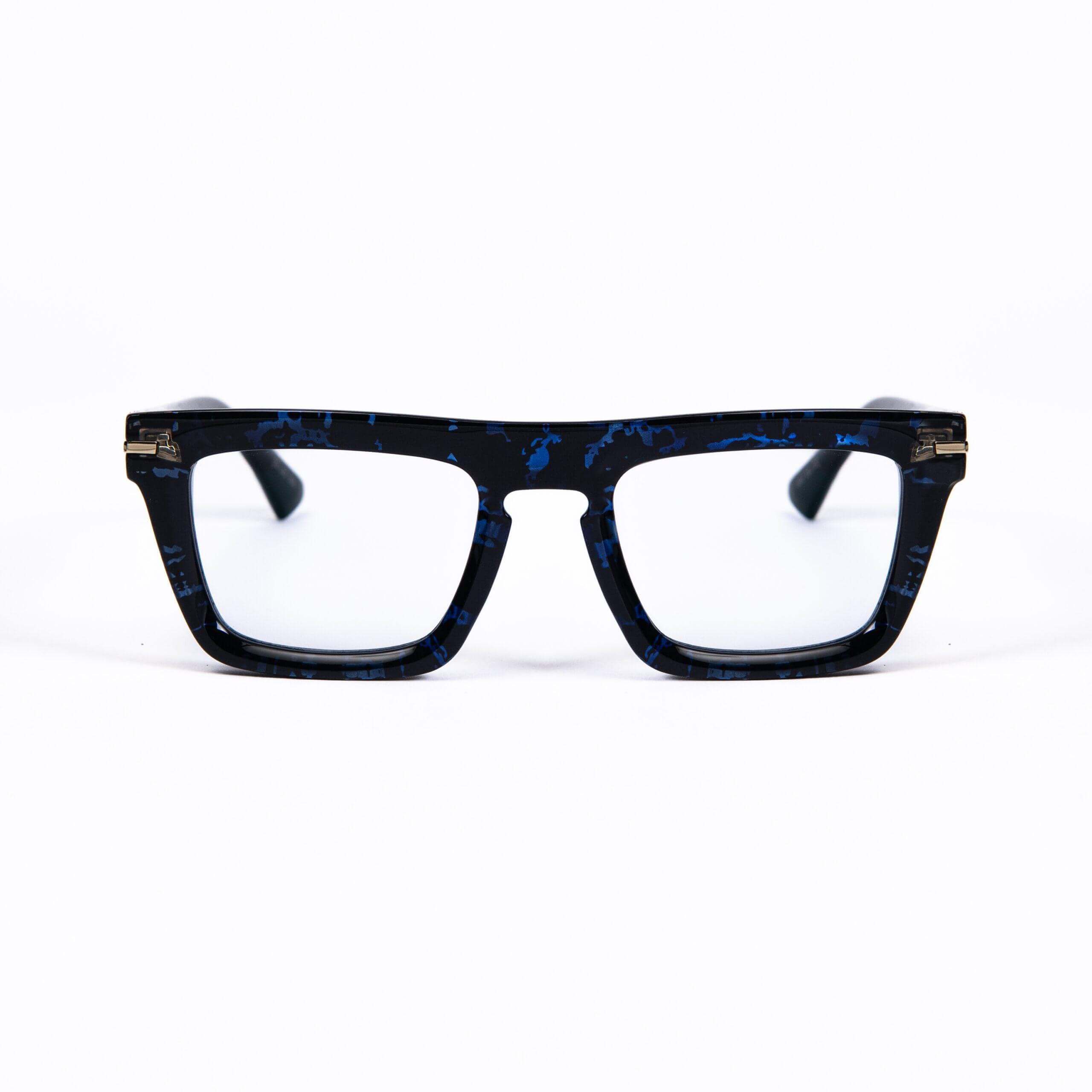 SOUTH BEACH C8 occhiali con design moderno, frontale nero trasparente e dettagli blu, collezione XY by AirDP.