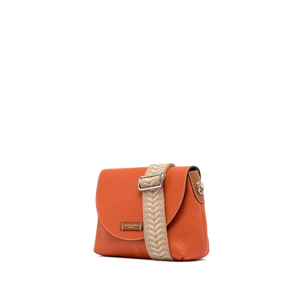 Alessandra bag by Gianni Chiarini Firenze, contemporary design, orange leather with woven strap, 26x18x13 cm.