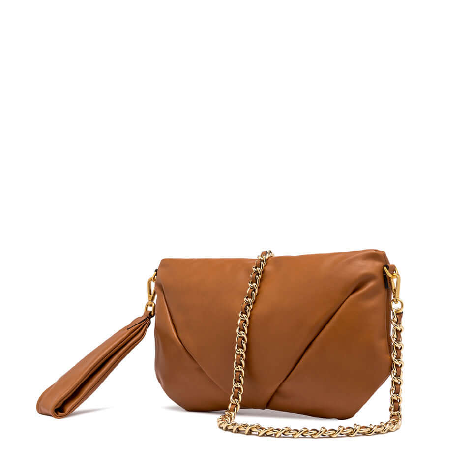 Moderna clutch serale in morbida pelle liscia marrone con catena e chiusura zip, by Gianni Chiarini Firenze.
