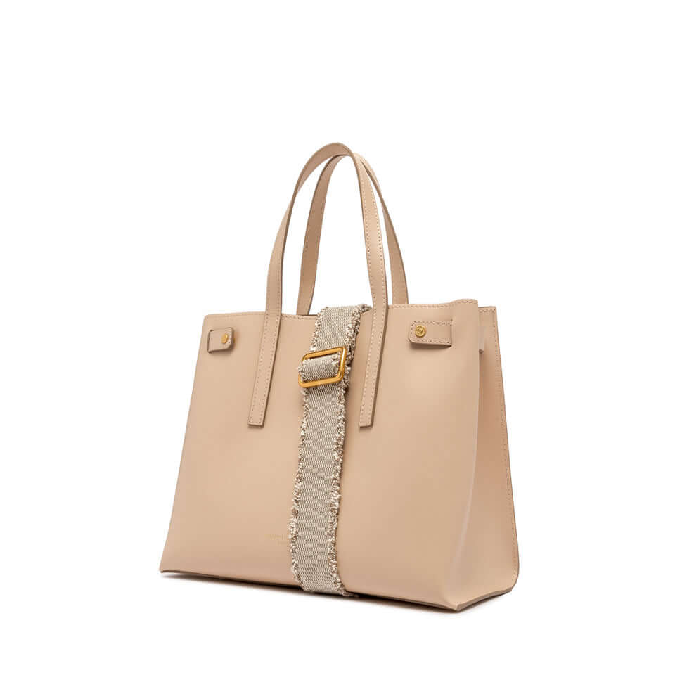 ALTEA handbag with smooth leather design, featuring dual handles and decorative beige strap.