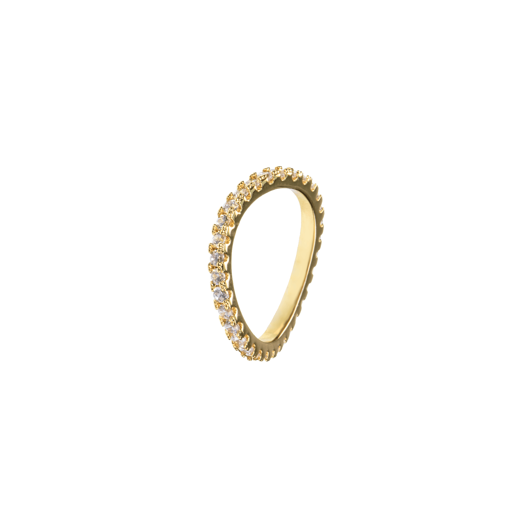 Elegante anello in ottone placcato oro 18 carati con pietre bianche incastonate per un contrasto affascinante.