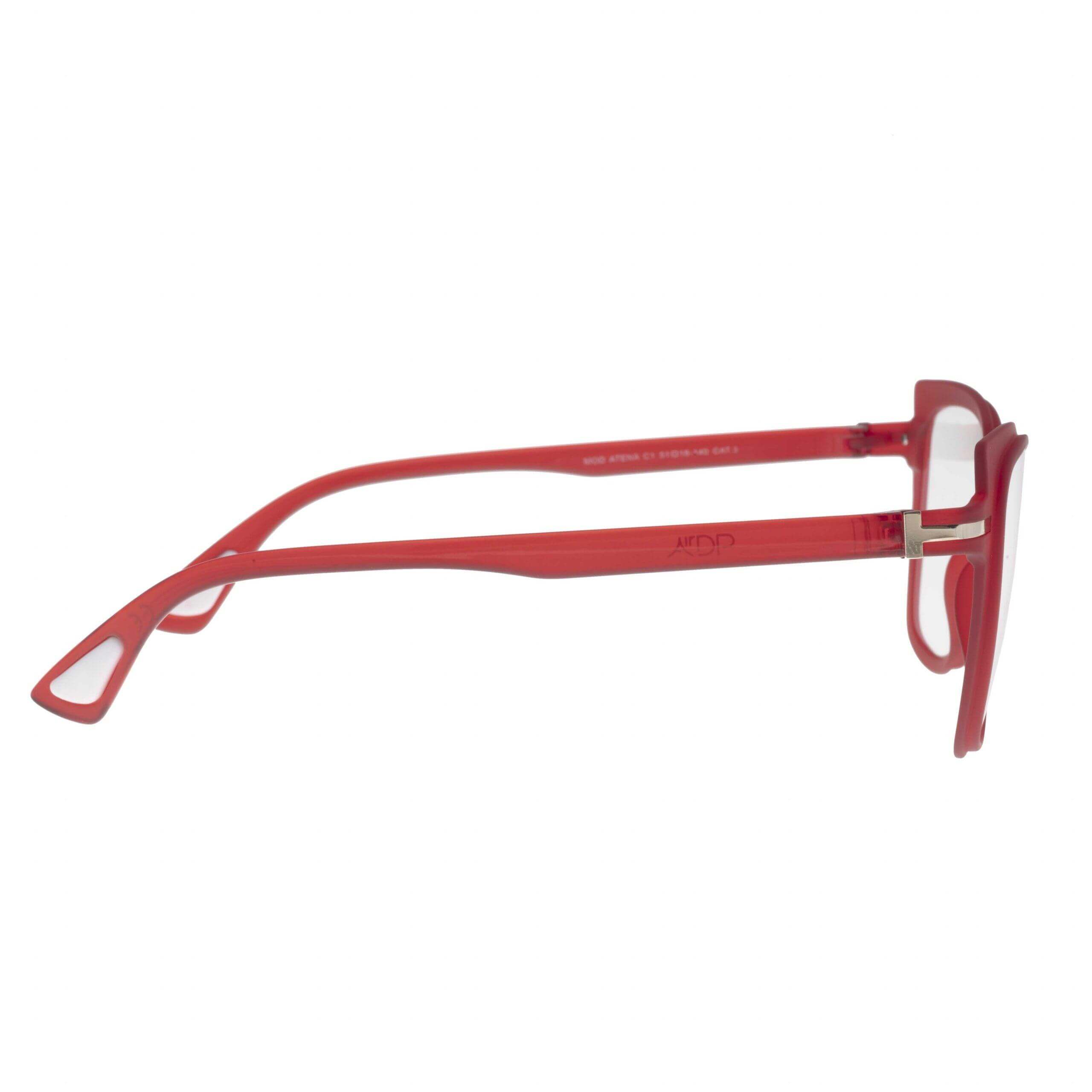 Lato degli occhiali ATENA C1 in rosso con design architettonico ed elegante, ideale per un look sofisticato.