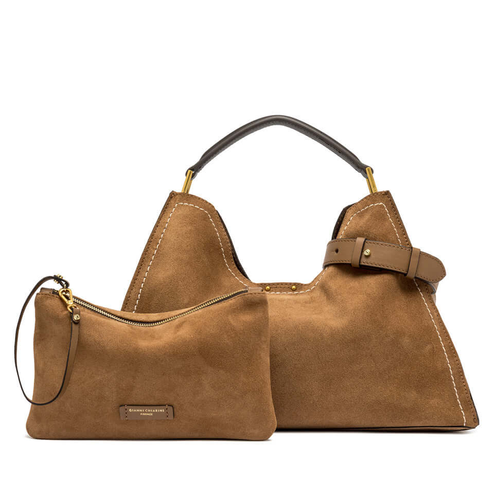 AURORA by Gianni Chiarini, trapezoidal suede bag with adjustable strap and attached pouch.