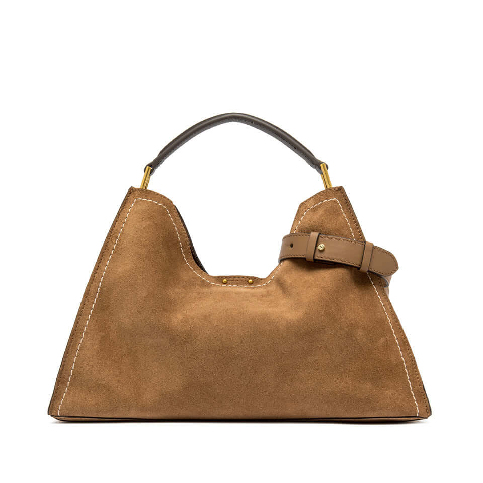 AURORA by Gianni Chiarini, trapezoidal suede handbag with metal details and adjustable strap.