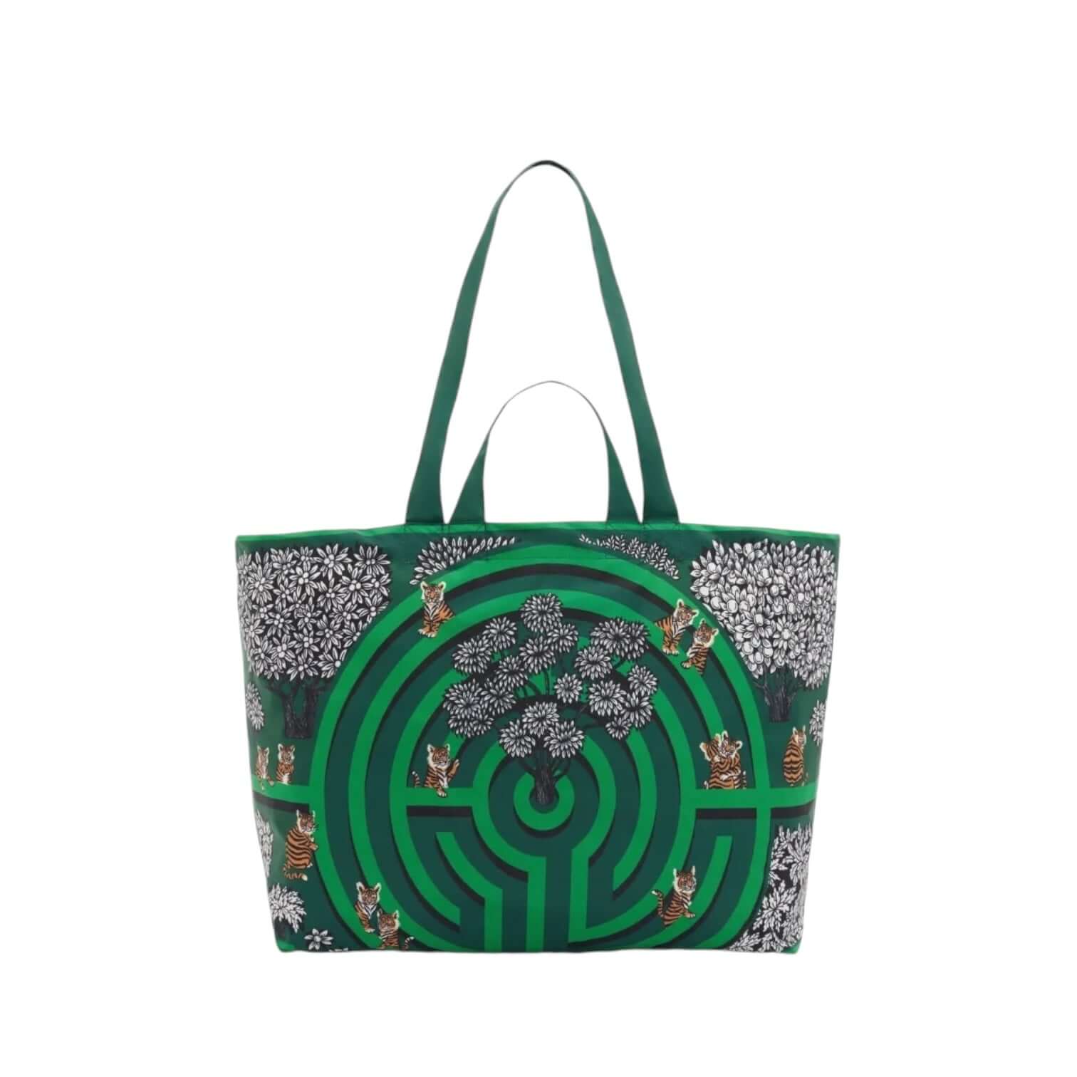Eco-friendly Borsa Maxi Shopping Labyrinthe Verde bag featuring a maze design and colorful trees.