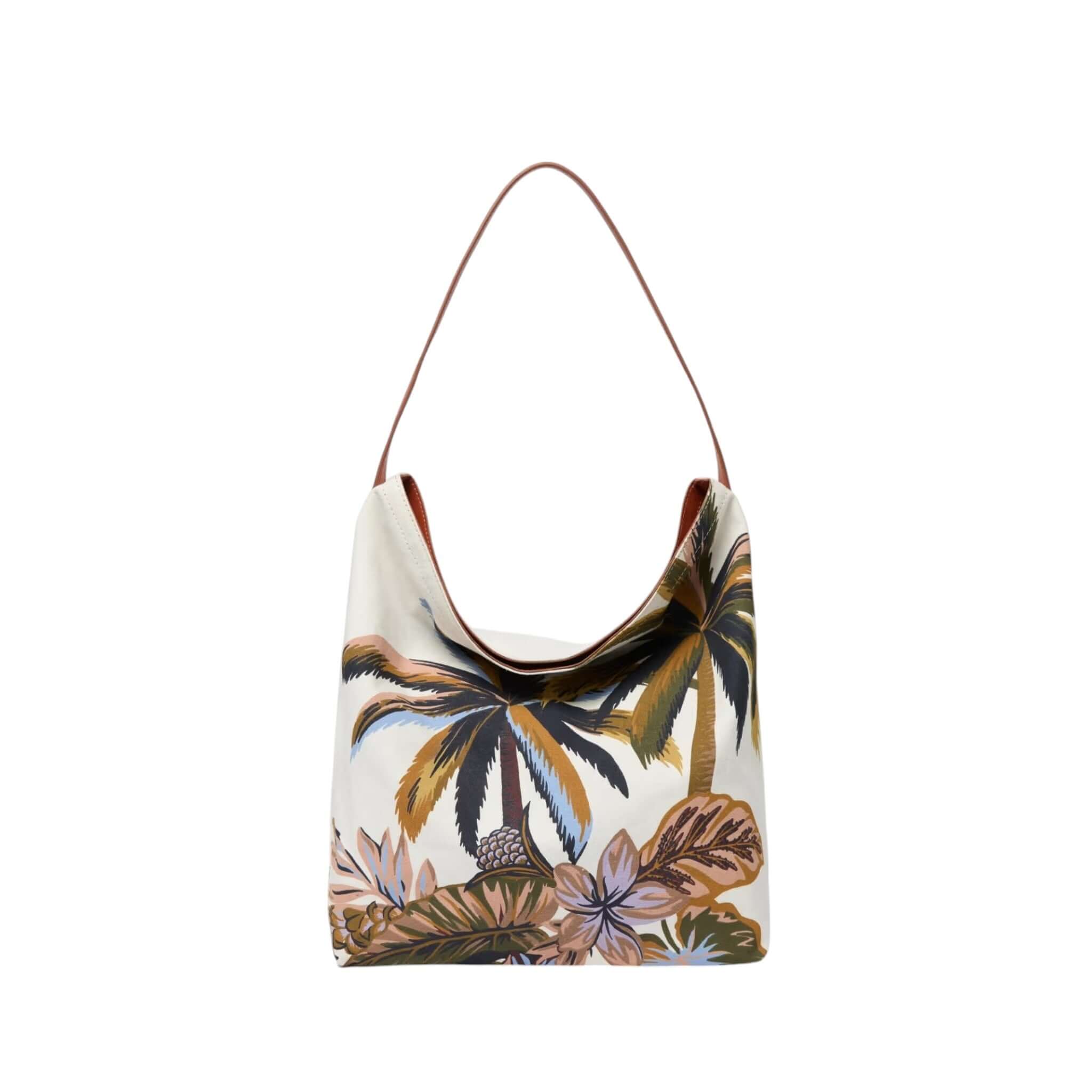 Borsa Campus Hawai in cotone con design tropicale, manici in pelle, leggera e moderna, 32,5 x 27,11 cm.