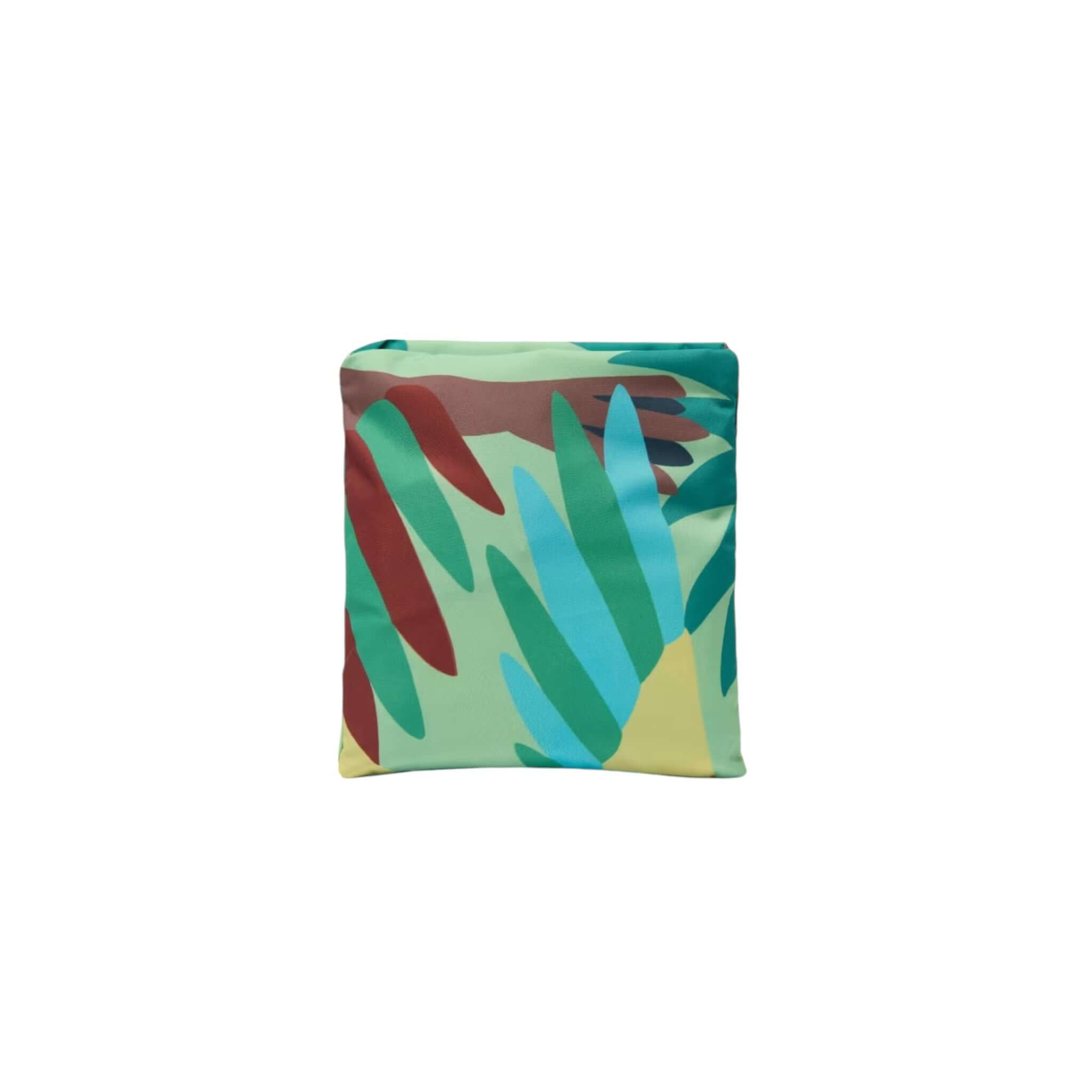 Borsa Shopper Voyage ripiegata in poliestere riciclato con design colorato e verde, dimensioni 42x34x7 cm.