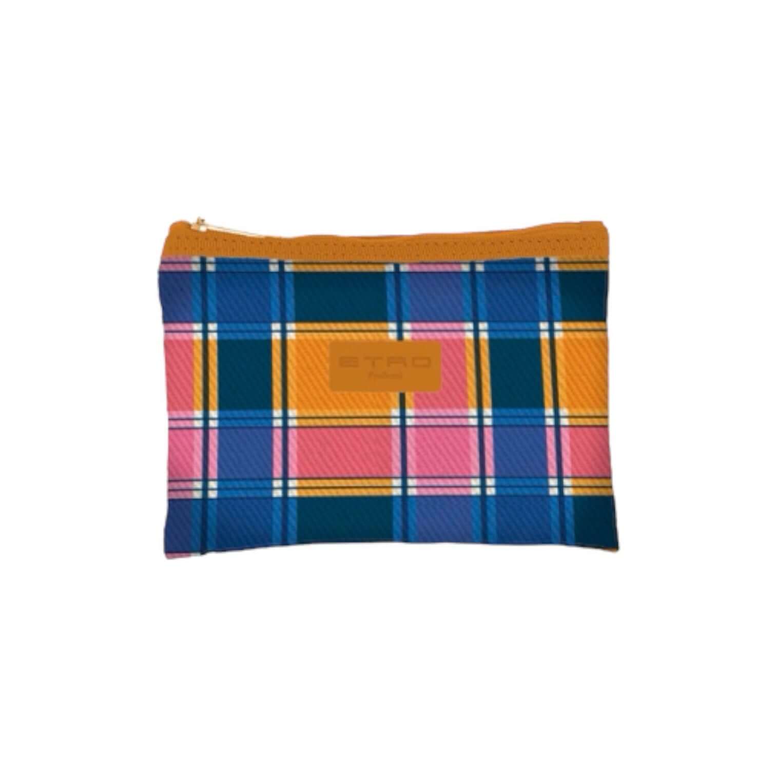 Busta piccola satin ETRO in tessuto lavabile nylon, chiusura a zip, design a quadri colorati, 14x11,5x1 cm.