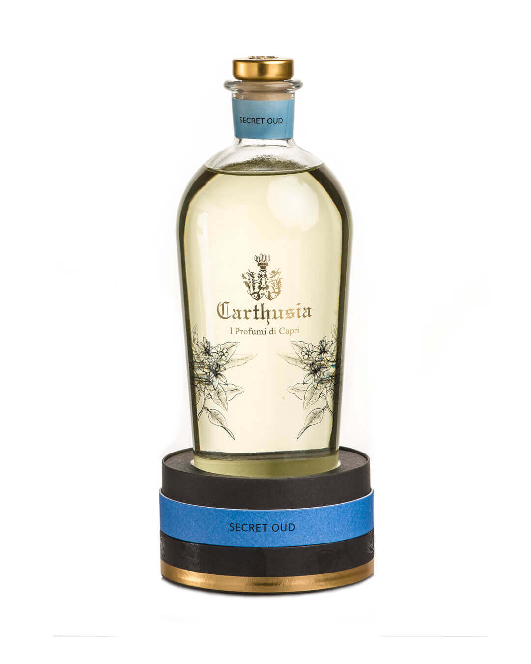 Bottle of Secret Oud Diffuser by Carthusia, showcasing a blend of Mediterranean and Middle Eastern scents.