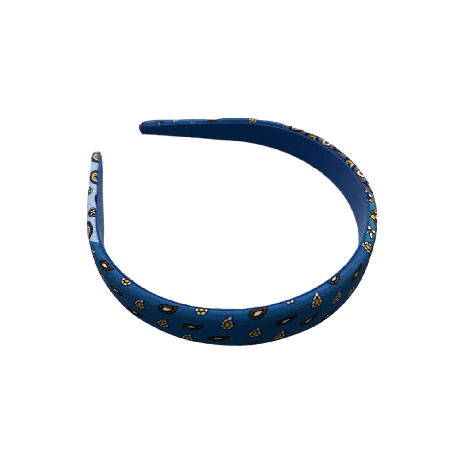Cerchietto Medio Piatto blu con design floreale, realizzato in seta e poliestere per un tocco elegante.