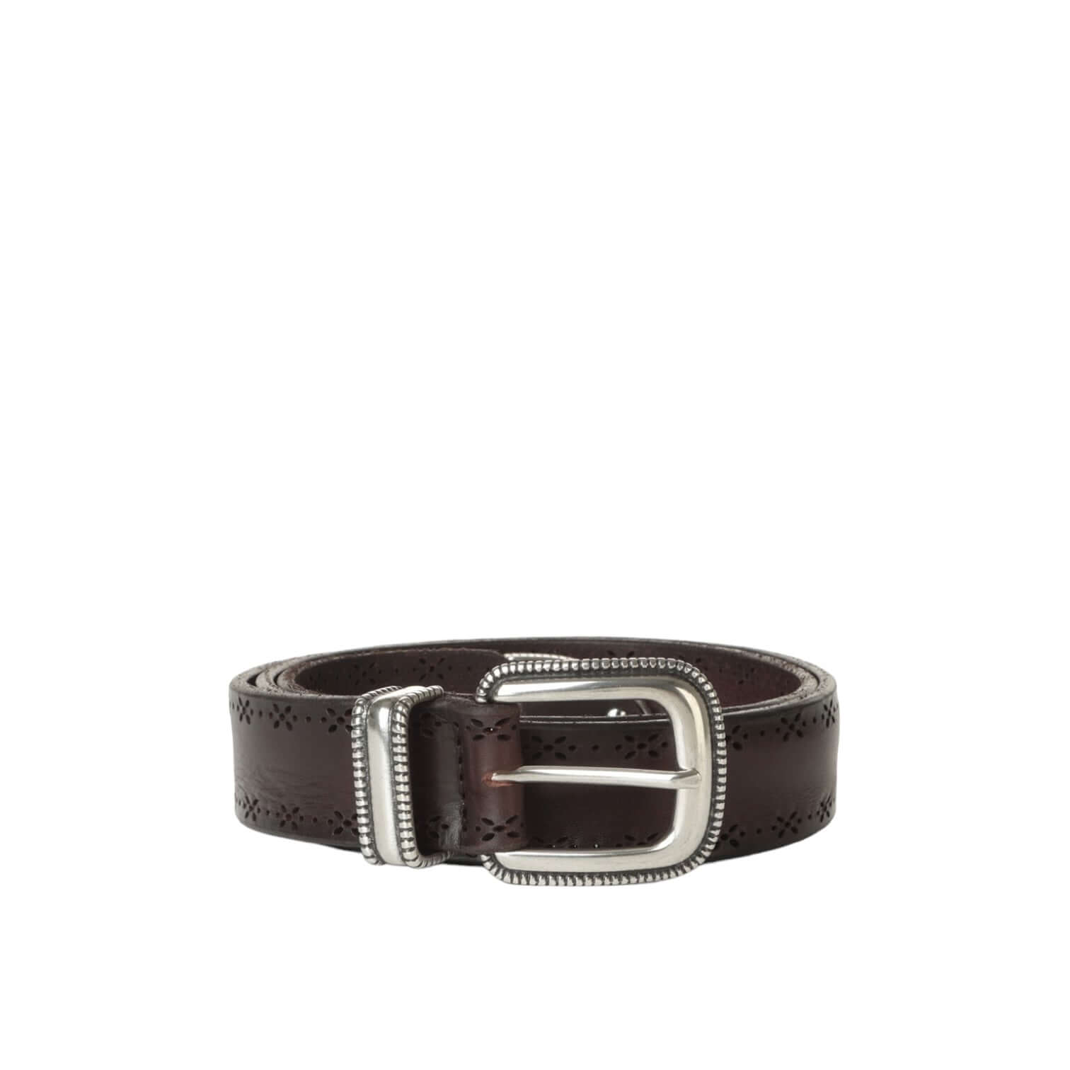 Elegante cintura Bull Soft con incisione floreale e fibbia in argento, realizzata in Italia.