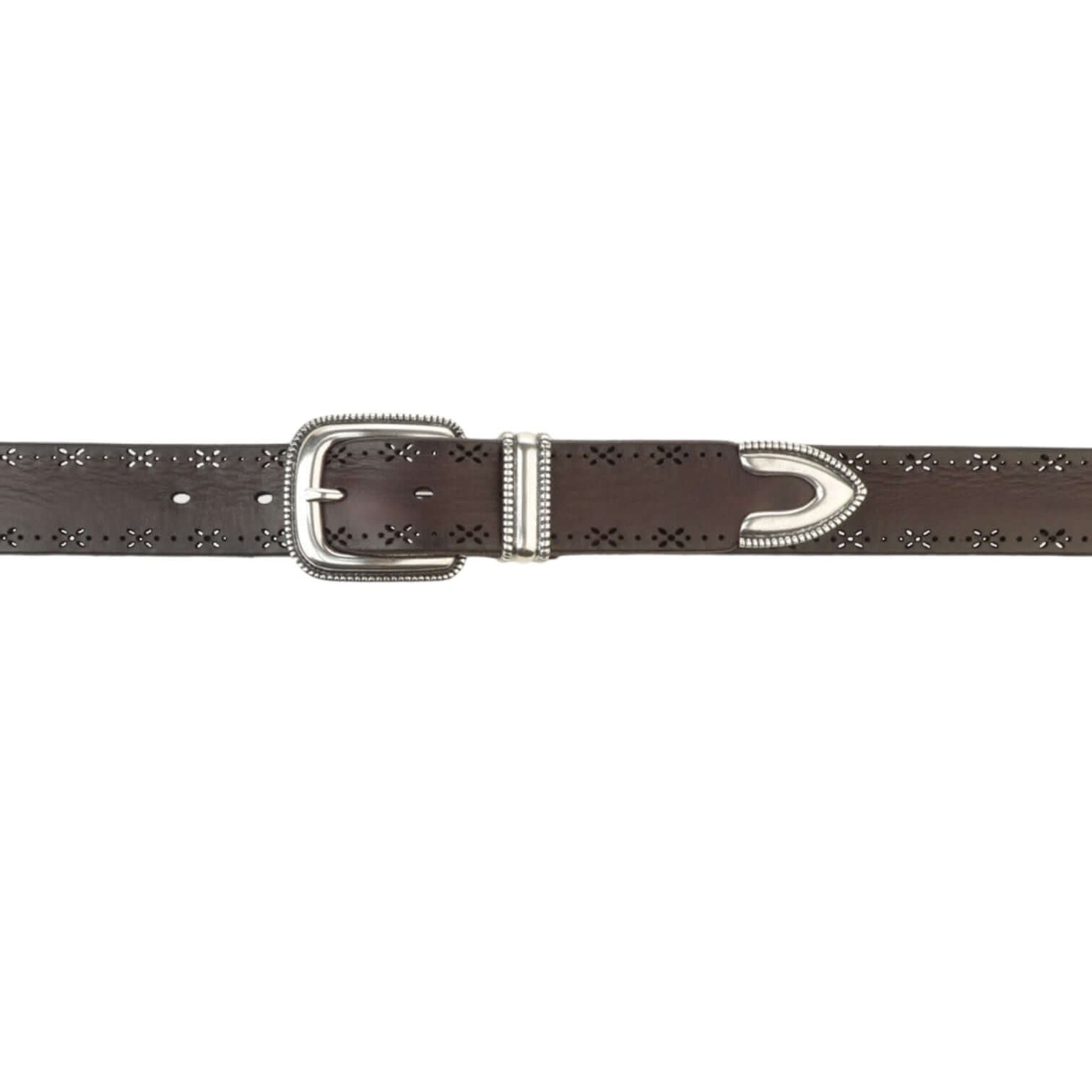 Elegant brown leather belt with floral laser engraving and silver buckle, 3.2 cm height, made in Italy.