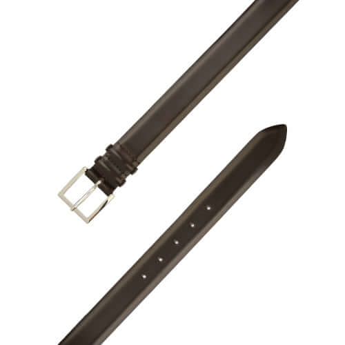Cintura classica in pelle vitello bombato marrone con fibbia in nichel e finitura opaca.