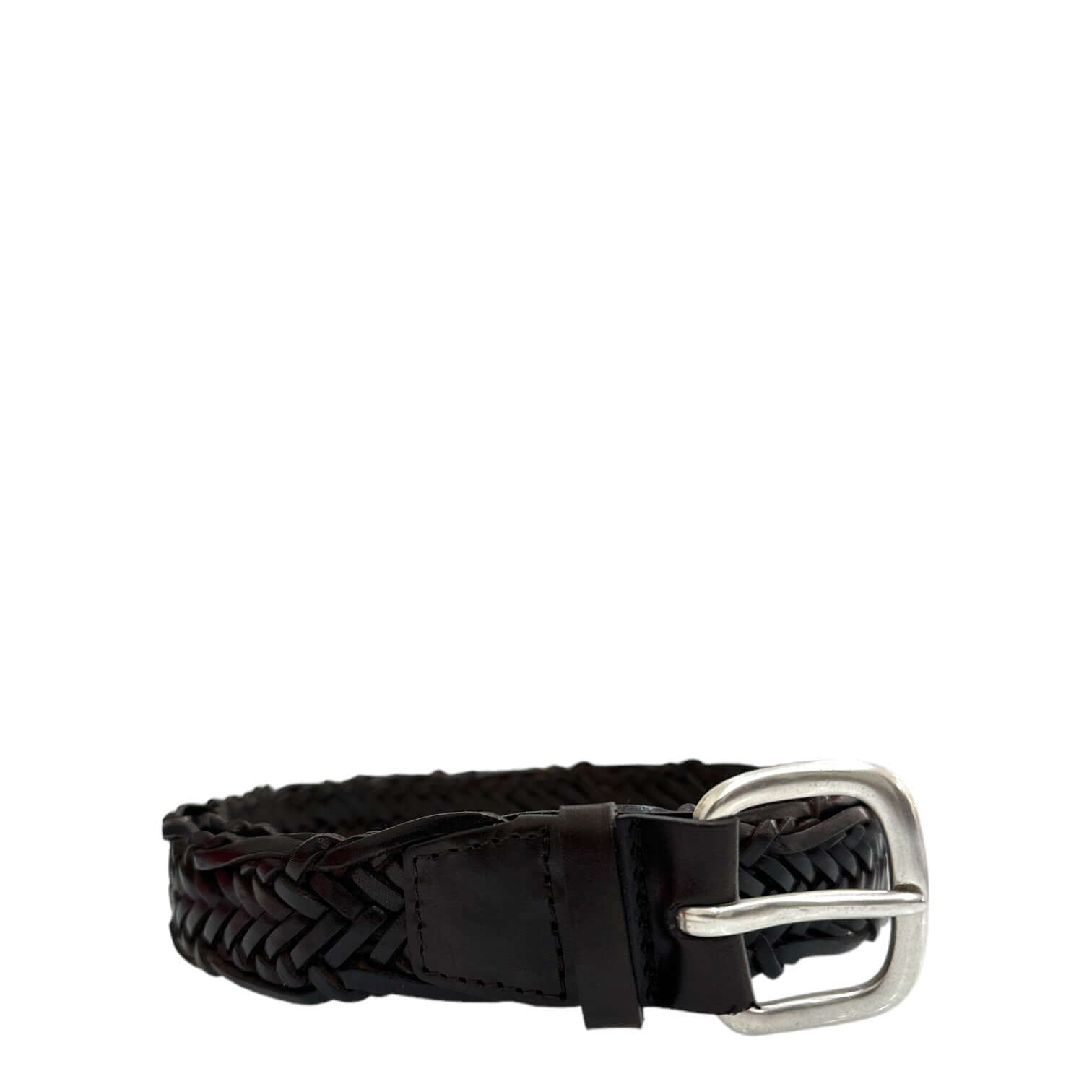 Cintura intrecciata in cuoio testadi moro con fibbia argentata, altezza 3,5 cm, elegante accessorio maschile.