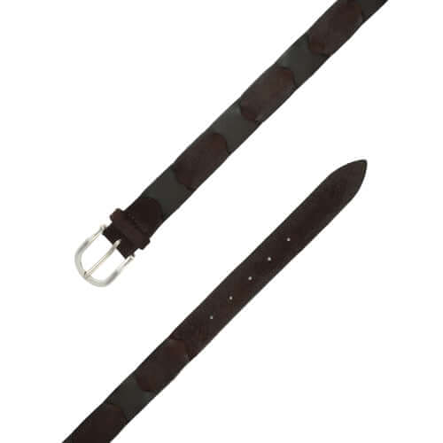 Cintura sportiva intrecciata in pelle scamosciata, fibbia argentata, altezza 3 cm, made in Italy.