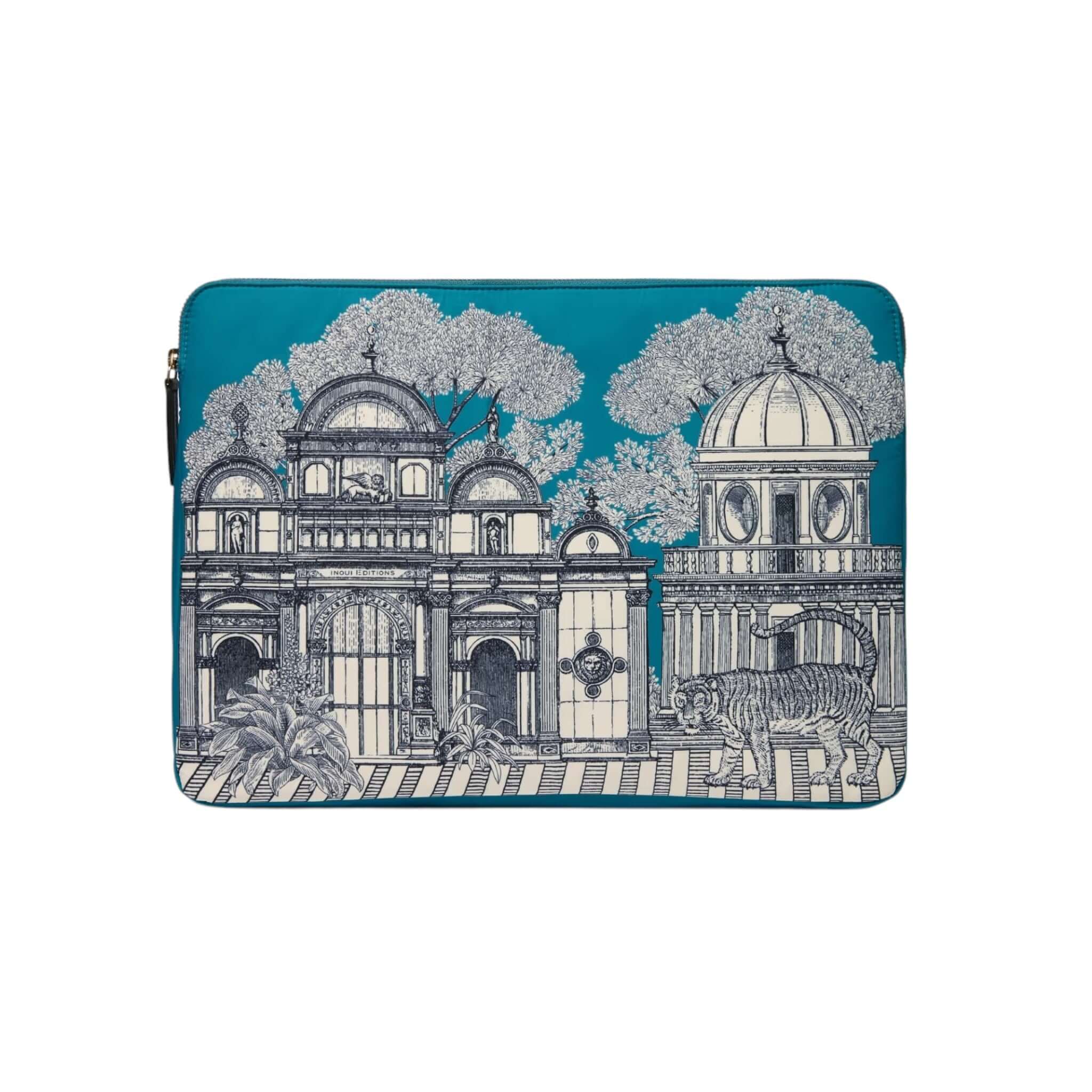 Custodia per notebook 14 pollici in poliestere riciclato con design architettonico e tigre.