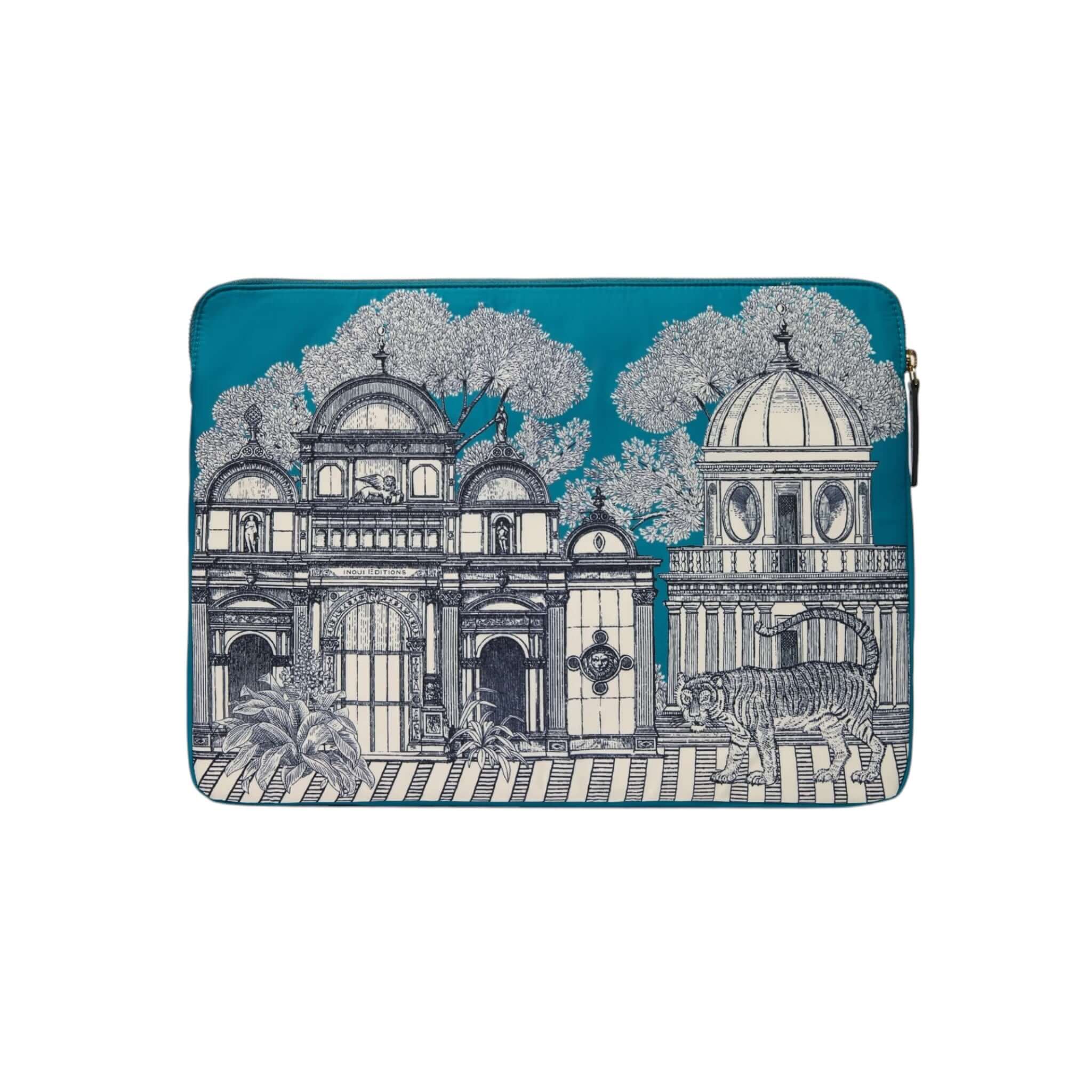 Custodia per notebook 14" Mirage in poliestere riciclato, design artistico con edifici e tigri, protezione elegante e sostenibile.