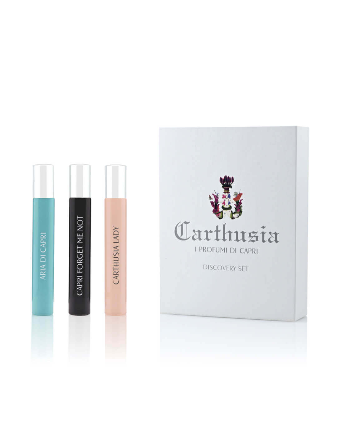 cofanetto fragranze Carthusia con tre profumi: Aria di Capri, Capri Forget Me Not e Carthusia Lady.