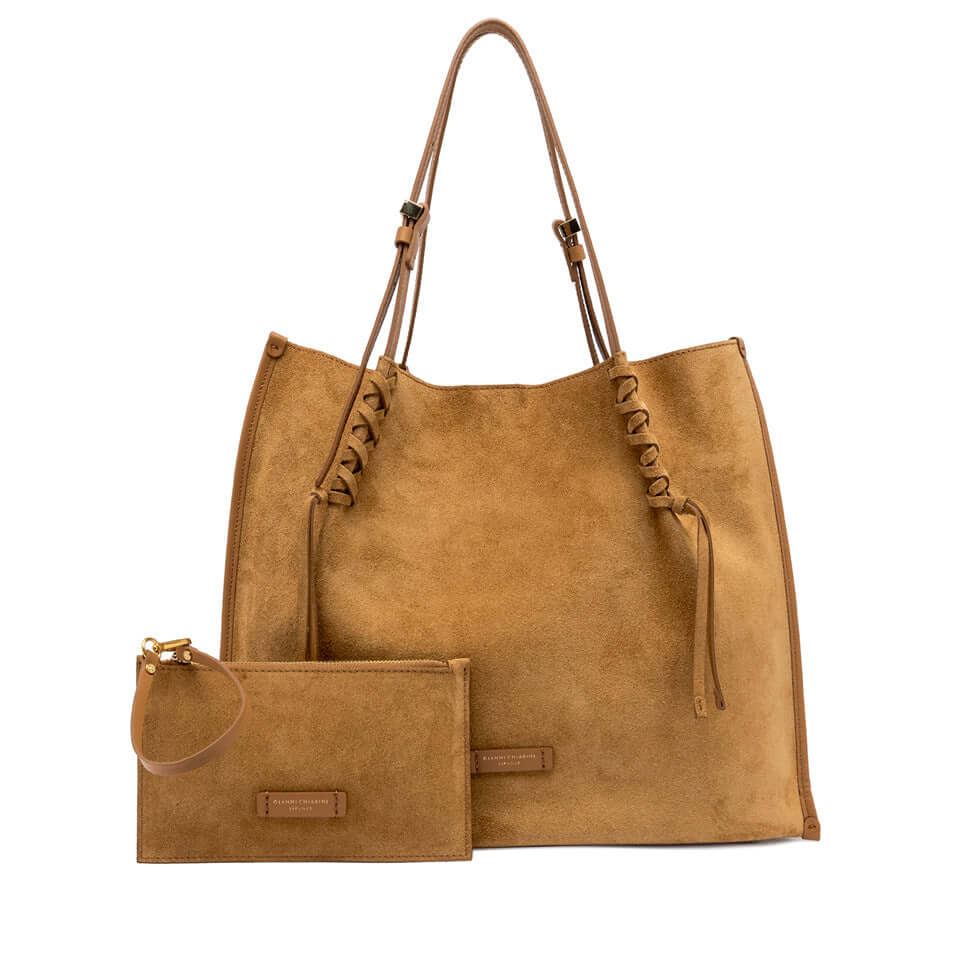 Dory suede tote bag with iconic twin logo straps and matching pouch, ideal for casual outfits, dimensions 40x34x14 cm.