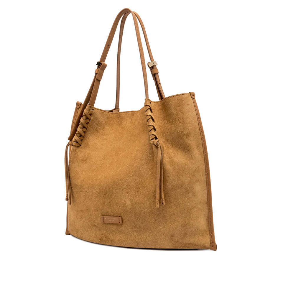 Dory suede tote bag with twin logo straps and stylish design, perfect for casual looks.