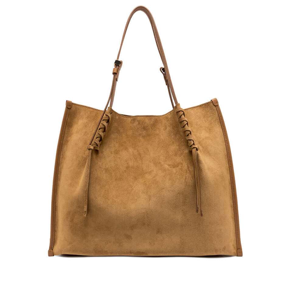 Dory handbag in light brown suede with stylish lace details and adjustable handles, dimensions 40x34x14 cm.