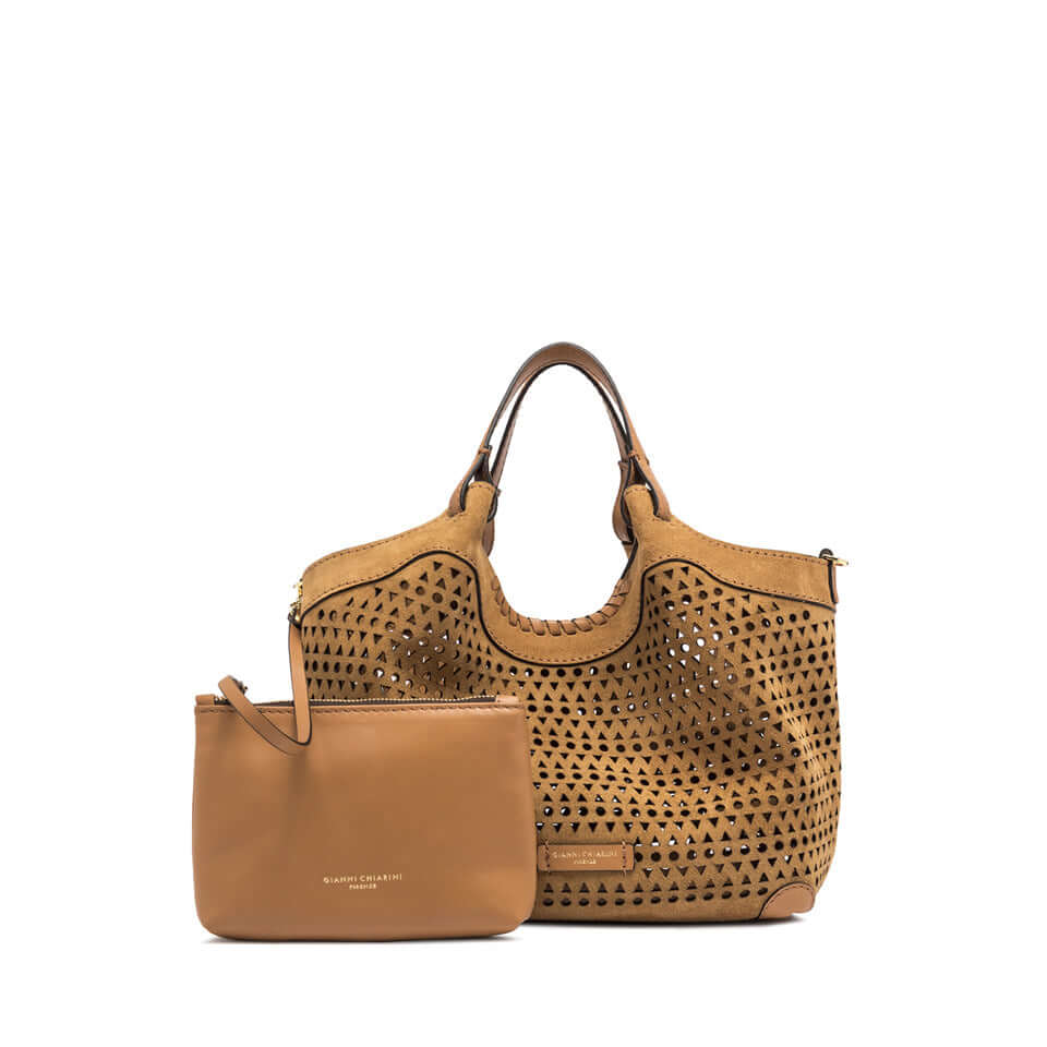DUA handbag in tan suede with perforated design and matching zip pouch for practicality and style.