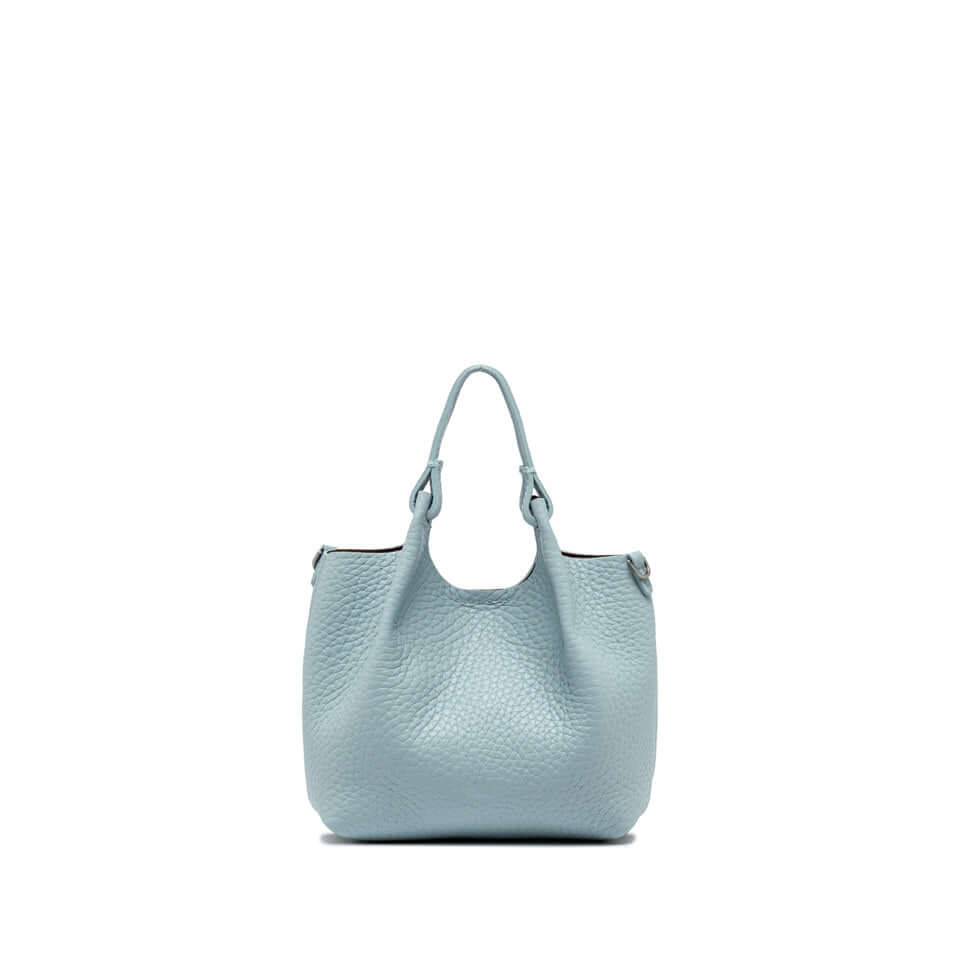 DUA handbag in light blue double grain leather with two handles and magnetic closure, dimensions 19x20x8 cm.