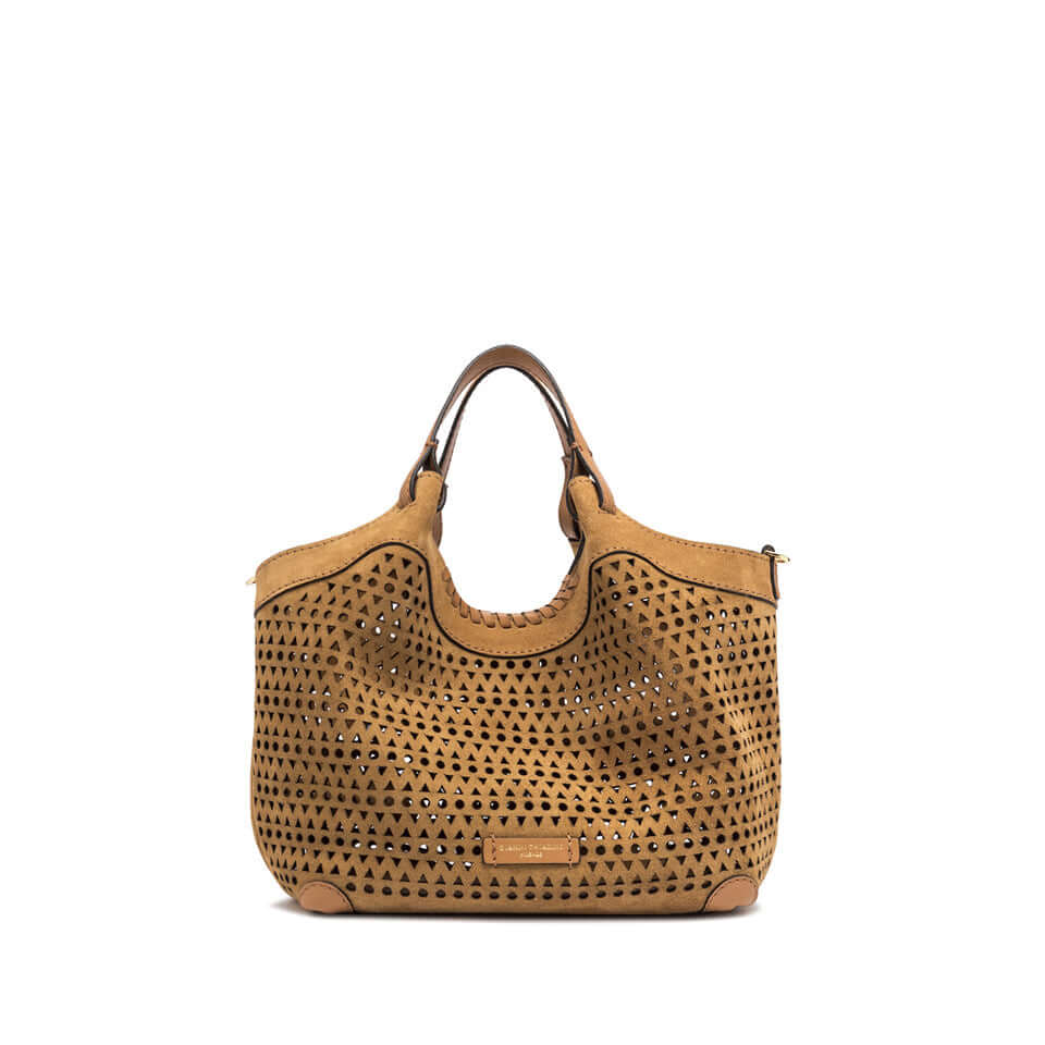 Stylish DUA handbag in suede with perforated design and zip pouch, featuring adjustable clips and leather strap.