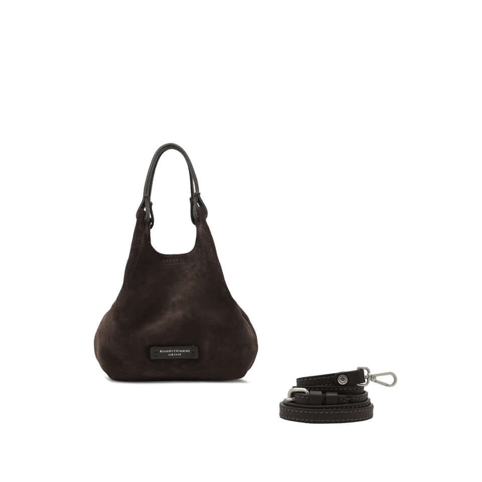 DUA mini bag by Gianni Chiarini in dark suede with detachable strap, perfect for practical everyday use.