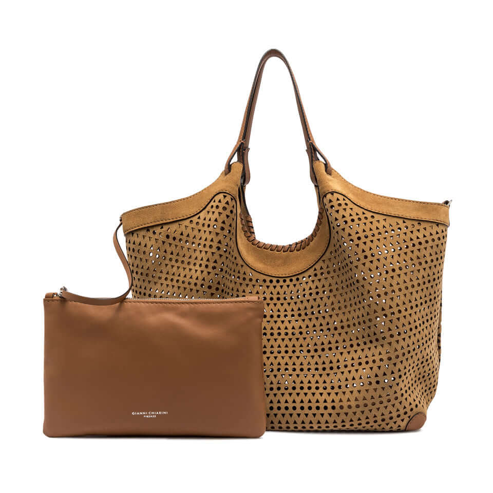 DUA handbag in suede with perforated design, paired with a brown zip pouch, trendy and practical.