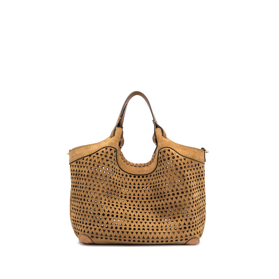 DUA fashion bag in perforated suede, featuring a contemporary design and practical zip pouch for stylish storage.